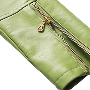 Chaqueta de Motocicleta de Cuero PU Verde para Mujer, Cuello Alto, Manga Larga, Cierre de Cremallera, Color Sólido, Estilo Motero, para Otoño - Product Image 3
