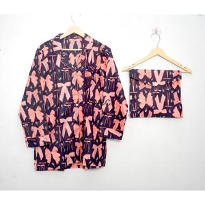WBCI Conjunto de pijama de algodón de 2 piezas para mujer, ropa de dormir de manga larga con estampado de lazo, ropa de dormir informal de longitud completa con pantalones - Product Image 2