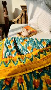 Hand Block Printed Modern Luxury Designer Vibrant Mustard & Teal Floral Hand-block Printed 100% Cotton <b>Quilt</b> For Home <b>Bedding</b> - Product Image 6