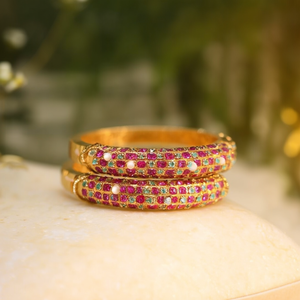 Gold Plated Enamel Cuff Bangles with Zircon and Pearl Oxidized Polish Finish Casual Style for Party - Product Image 3