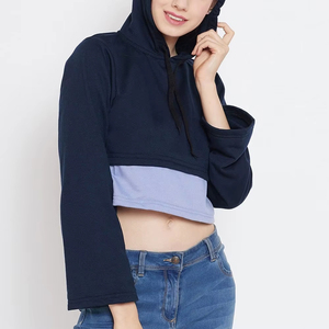 Sudadera con Capucha para Mujer, Diseño Color Block, Manga Larga, Corte Recortado, Tejido de Punto, Estilo Casual Otoñal, Azul con Bolsillos - Product Image 4