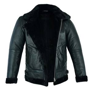 Chaqueta de Cuero Negra para Hombre, Estilo Motero, con Cuello de Piel Sintética, Abrigo de Invierno de Piel de Oveja Genuina, Forro Polar Cálido, Chaqueta Casual - Product Image 1