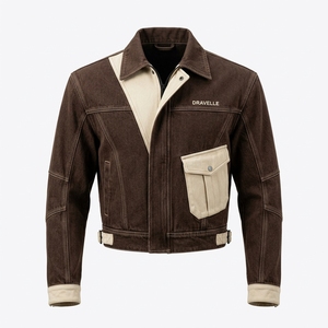 Veste utilitaire en toile denim délavée marron pour homme, style camionneur, avec patchwork contrastant personnalisé, vintage, décontractée, streetwear - Product Image 1