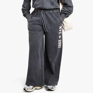 Custom Logo Charcoal Women's Plus Applique Washed Straight Leg Joggers Terry Fleece 100% Cotton Women's Pants And <b>Trouser</b> - Product Image 1