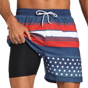 Shorts de bain rayés à séchage rapide pour hommes, doublés à deux couches, avec cordon de serrage, vente en gros OEM, vêtements d'été - Product Image 2
