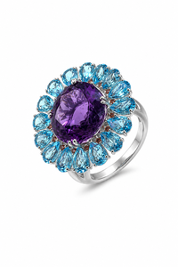 Bague de cocktail ovale en améthyste et topaze bleue, en argent sterling 925 plaqué rhodium, sertie à griffes, de luxe, pour femme, pour mariage et soirée - Product Image 1