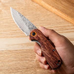 Couteau de poche en acier Damas, petit format, personnalisable avec logo, manche entièrement en bois, couteau pliant EDC, cadeau DIY, camping - Product Image 5