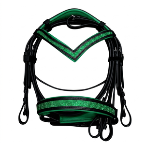 Bridon de dressage en cuir anatomique, sangle de nez rembourrée en forme de V, serre-tête vert pailleté, quincaillerie en acier inoxydable de haute qualité - Product Image 1