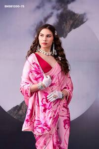 Magnifique ensemble de sari en soie satinée de qualité supérieure avec imprimé floral et bordure en dentelle perlée - Collection de chemisiers Banglory - Fournisseur indien - Product Image 5