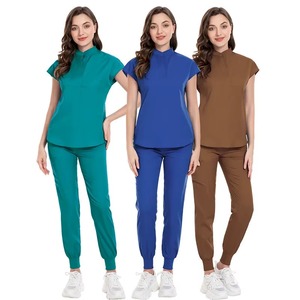 Conjunto de uniforme médico de punto de algodón y poliéster con cuello en V y manga corta para mujer, pantalones de uniforme hospitalario, verde, granate, verde azulado - Product Image 3