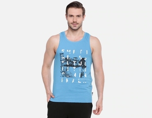 Camiseta sin Mangas Azul Claro para Hombre con Estampado de Letras en la Parte Delantera, Cuello Redondo, Estilo Casual, 100% Algodón, Tejido Transpirable - Product Image 1