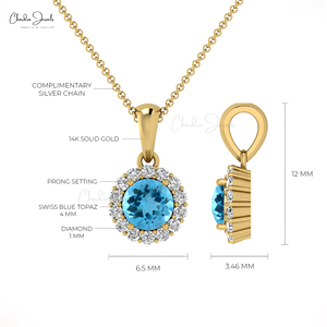Handmade 14k <b>Solid</b> <b>Gold</b> Natural 4mm Round Brilliant Cut Swiss Blue Topaz & Diamond Halo <b>Pendant</b> Top Wholesale Suppliers - Product Image 4