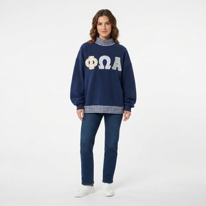 Sweat-shirt brodé style Letterman pour femme, style preppy, manches à carreaux, en mélange de coton tricoté, coupe classique, automne - Product Image 5