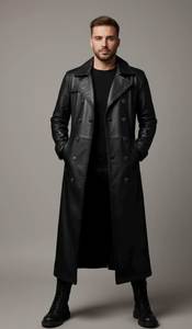 <b>Men</b> Genuine Leather <b>Long</b> Trench <b>Coat</b> Notched Lapel Double Breasted Overcoat With Pockets Regular Fit - Product Image 5