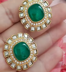 Boucles d'oreilles à tige vert émeraude royal avec look baroque ensemble de bijoux en laiton plaqué or pour cadeau de mariage et de fête pour femmes - Product Image 2