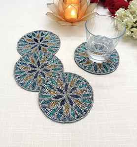 Sous-verre rond en perles de verre avec motif œil porte-bonheur, support en coton, résistant à la chaleur, tapis de table, dessous de verre, accessoire de salle à manger - Product Image 5