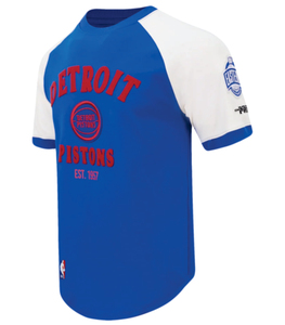 T-shirt unisexe Detroit Pistons bleu et blanc à manches raglan, style jersey décontracté, col rond, coupe régulière, imprimé numérique sur le devant, respirant - Product Image 1