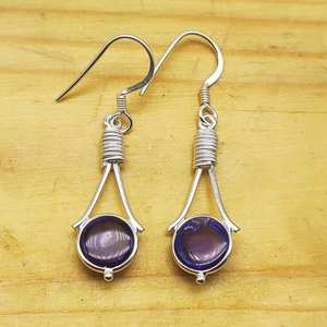 ห่อลวดอเมทิสต์สีม่วงทำด้วยมือ925ต่างหูเงินสเตอร์ลิงต่างหูออกแบบทำด้วยมือต่างหูเงิน - Product Image 2