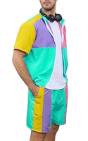 Ensemble de survêtement pour homme à blocs de couleur, manches courtes, fermeture éclair sur le devant, sportif, léger, été, polyester, avec poches latérales