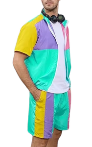 Men's Color Blocking Tracksuit Short Sleeve Zipper Front Sporty Summer Lightweight Polyester Shorts Set with Side <b>Pockets</b> - Product Image 6