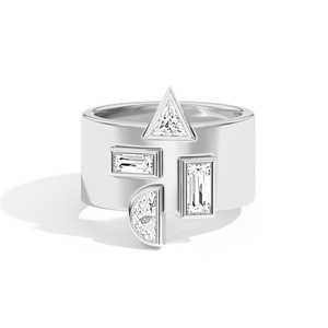 Anillos llamativos de oro macizo de 14K y 18K con diamantes cultivados en laboratorio de corte baguette trillón de media luna, engastados en bisel, de 10 mm de ancho, tipo banda de cigarro, al por mayor - Product Image 6