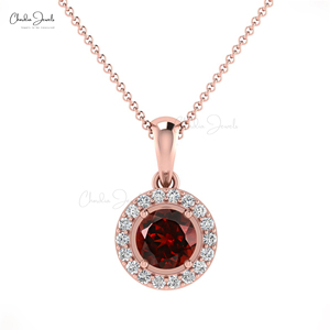 Pendentif halo en grenat naturel taillé rond de 4 mm en or massif 14 carats fait main avec pavé de diamants en or massif 14 carats provenant d'un vendeur vérifié - Product Image 2
