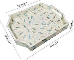 Plateau de service en nacre de 13 pouces avec poignées, bleu et beige, incrustation de coquillages, plateau en bois, plateau géométrique en mosaïque - Product Image 2