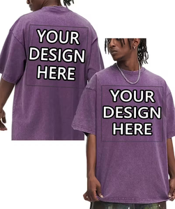 Custom Printed Chest Logo Personalized Front Silk Screen Printed Turtleneck Men's Washed Aged 100% Cotton T-Shirt 240g Jersey - Product Image 2