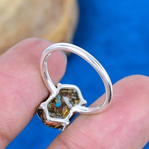 Natural Spiny Blue Oyster Copper <b>Turquoise</b> Hexagon Shape Gemstone Handmade <b>Ring</b>, 925 Sterling Silver - Product Image 4