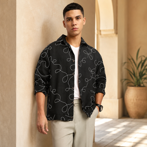 Stylish Men Black Cotton Embroidered Shirt Full Sleeve Casual Button <b>Down</b> Overshirt with Abstract Line Design - Product Image 1