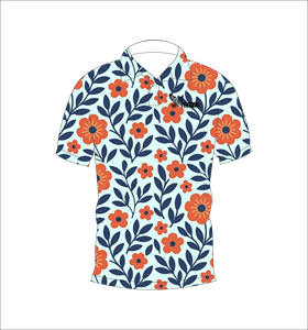 <b>Orange</b> Blue Leaf Floral <b>Polo</b> Shirt White Background Flower Pattern Short Sleeve Summer Casual Front Back View - Product Image 5