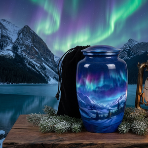 Blue Aluminum Cremation Urn Ashes <b>Memorial</b> <b>Keepsake</b> Vase Aurora Mountain Design for Adult Burial Decoration - Product Image 1