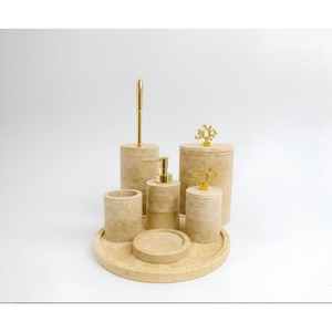 Juego de baño de mármol de alta demanda, seis piezas, dispensador de jabón redondo minimalista, soporte para cepillos de dientes, bandeja, fácil de limpiar - Product Image 3