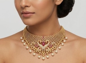 DIVYORO Juego de Collar Chapado en Oro con Diseño de Pavo Real, Adornado con Perlas y Piedras, Joyería Étnica de Lujo para Mujer, Diseño de Autor - Product Image 3