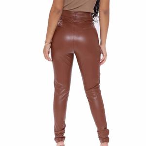 Women's Latest Fashion High Waisted Stretch Skinny Faux Brown Solid Leather Pants XL Size Winter <b>Pencil</b> Leggings - Product Image 5