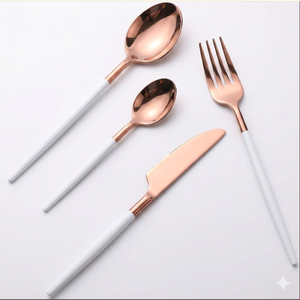 Ensemble de couverts de luxe en or rose PVD avec manche blanc, cuillère, fourchette, couteau, vaisselle, argenterie haut de gamme - Product Image 2