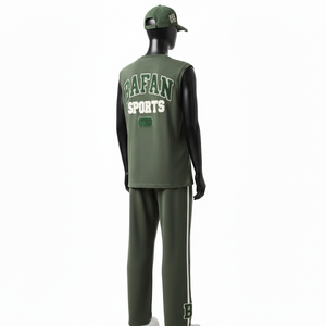 Conjunto de camiseta sin mangas de algodón premium de 200 GSM con panel de rayas elásticas de spandex y leggings verde oliva con logo personalizado para mujer - Product Image 6