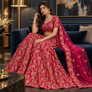 Georgette Pink Lehenga Choli with Heavy Zari Floral Work | Indian Wedding Party Wear Ethnic Set with Sheer <b>Net</b> <b>Dupatta</b> for Women - Product Image 4