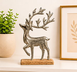 Luxury Antique Silver Reindeer Sculpture with Wooden Base Handcrafted Aluminum <b>Christmas</b> Deer Figurine For Festive Home Tabletop - Product Image 6