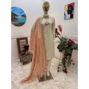 DISEÑADOR GEORGETTE BORDADO SECUENCIA MOTI TRABAJO TOP PANT con DUPATTA PEACH - Product Image 1