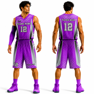 Uniformes de Baloncesto Sublimados Personalizados SINEWY, Unisex para Adultos, Jersey sin Mangas con Cuello en V, Estampado Geométrico Morado, Absorbente de Humedad - Product Image 1