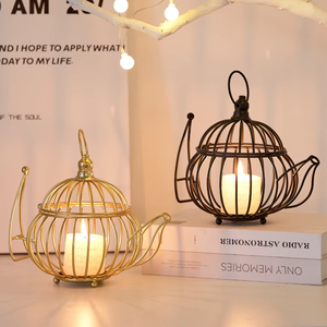 Portavelas de alambre negro con forma de tetera para decoración de mesa de café, acento decorativo para el hogar y uso decorativo en la sala de estar, procedente de la India. - Product Image 2