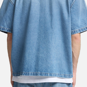 OEM Service Minimal Style Denim T Shirt With Turn <b>Down</b> Collar And Short Sleeves Clean Look Trendy Outdoor Wear With Front Pocket - Product Image 6