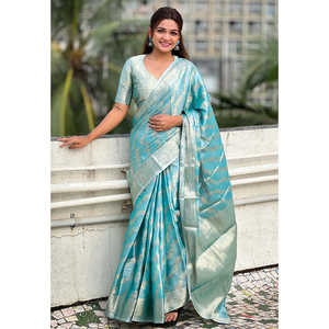 Sky Blue Kanjivaram Soft Tissue Silk Leheriya Traditional Zari Woven Saree Elegant <b>Club</b> <b>Dress</b> - Product Image 3