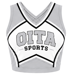 Haut court sans manches gris clair, blanc et noir pour femme, col en V, pour cheerleading, performance athlétique, uniforme d'équipe, compétition sportive - Product Image 1