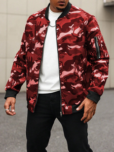 Blouson bomber camouflage rouge pour homme, fermeture éclair, coupe décontractée, coupe-vent, polyester, col rabattable, coupe régulière, style automne - Product Image 5
