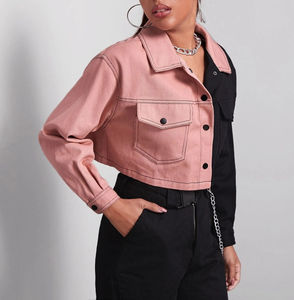 2026 New Design Two Tone Color Women's Wear <b>Denim</b> <b>Jackets</b> 100% Cotton Fabric <b>Cropped</b> Style Long Sleeve Button Up Jeans <b>Jackets</b> - Product Image 2