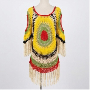 Women's Crocheted Boho Tassel Dress Round Neck Geometric <b>Pattern</b> Hollow Out Handmade Beachwear 100% Acrylic - Product Image 1
