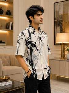 Chemise à manches courtes pour homme en coton à imprimé floral de feuilles de bambou, col rabattu, boutons sur le devant, couleur blanche, coupe décontractée, vêtement de luxe - Product Image 3