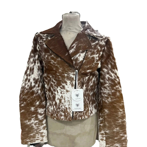 Women's Genuine <b>Cow</b> hair on Leather Moto Jacket Animal Print Zipper Closure Full Sleeve Short Length Stand Collar Autumn Style - Product Image 4